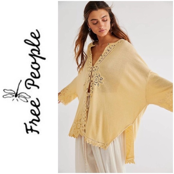 Free People Tops - NEW FREE PEOPLE "Lydia" Lemon Tart Battenburg Lace Oversized Button Front Blouse